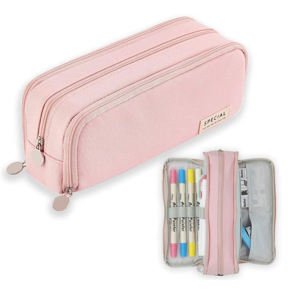 Pink 3 Compartment Pencil Case for School, Multifunctional Pencil Bag for Pencils
