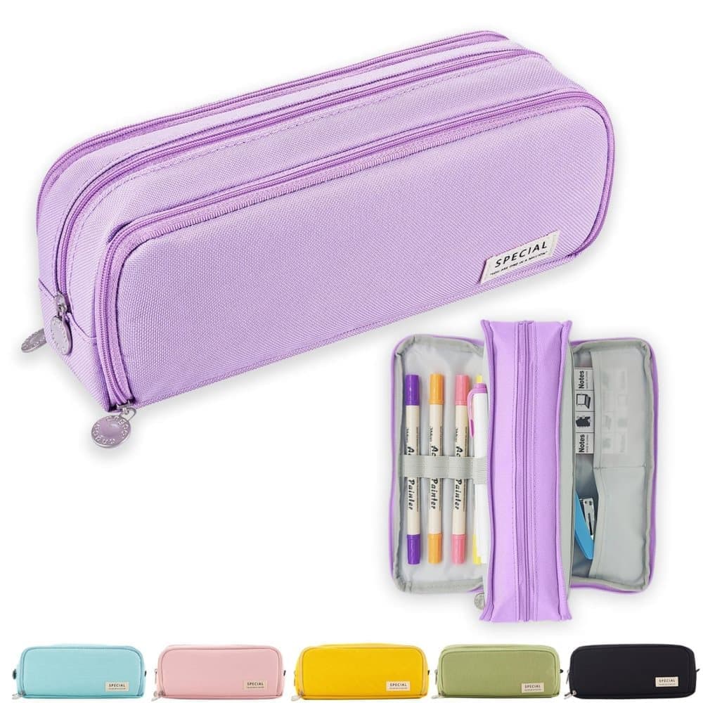 Purple 3 Compartment Pencil Case, Multifunctional School Pencil Bag