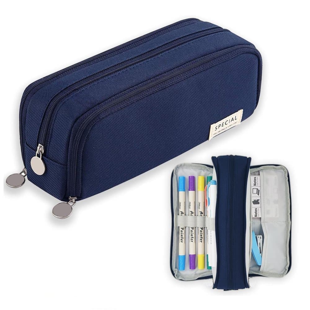 3 Compartments Spacious Pencil Case Multifunctional School Pencil Bag, Dark Blue
