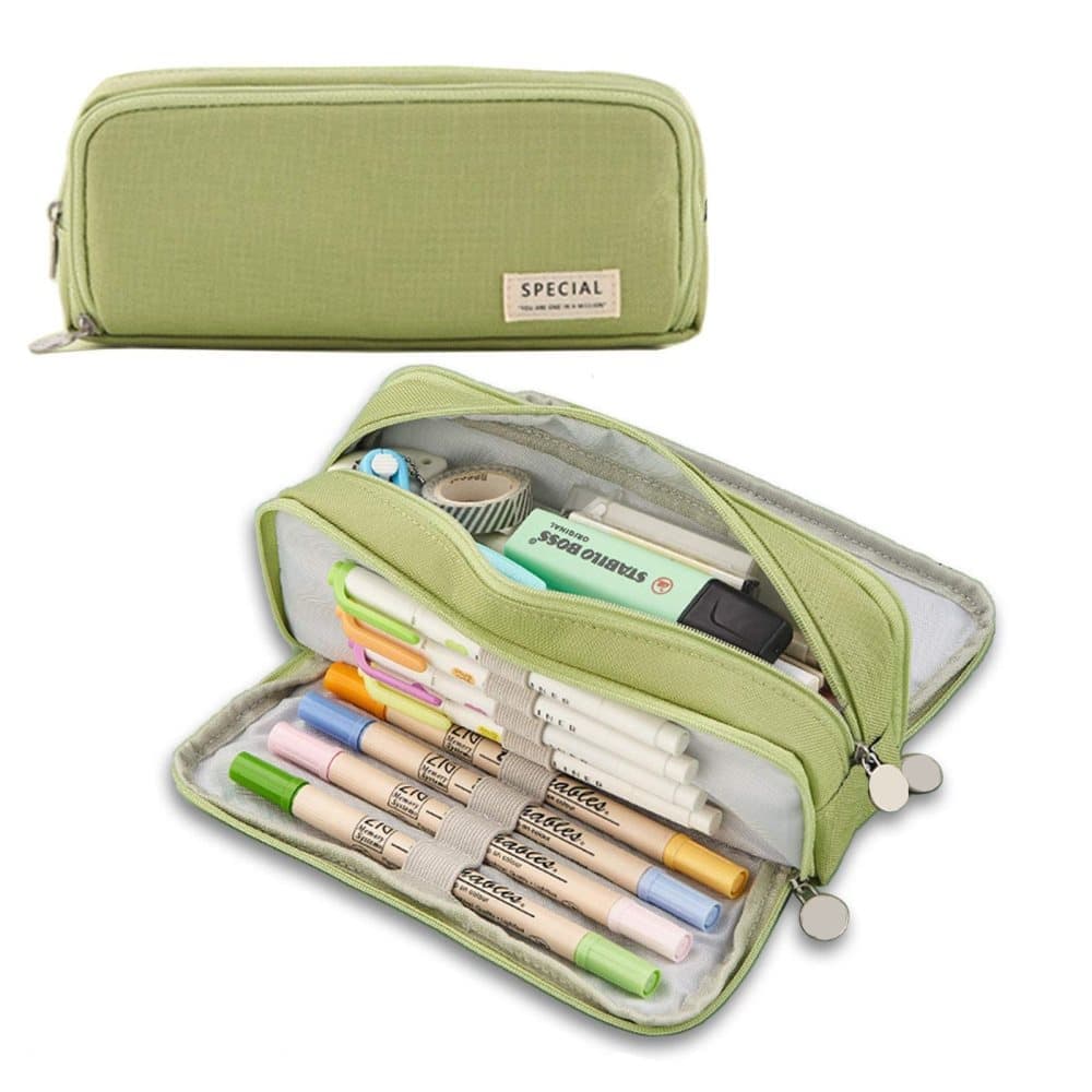Green Spacious Pencil Case with 3 Compartments, School Pencil Bag, Multifunctional Holder