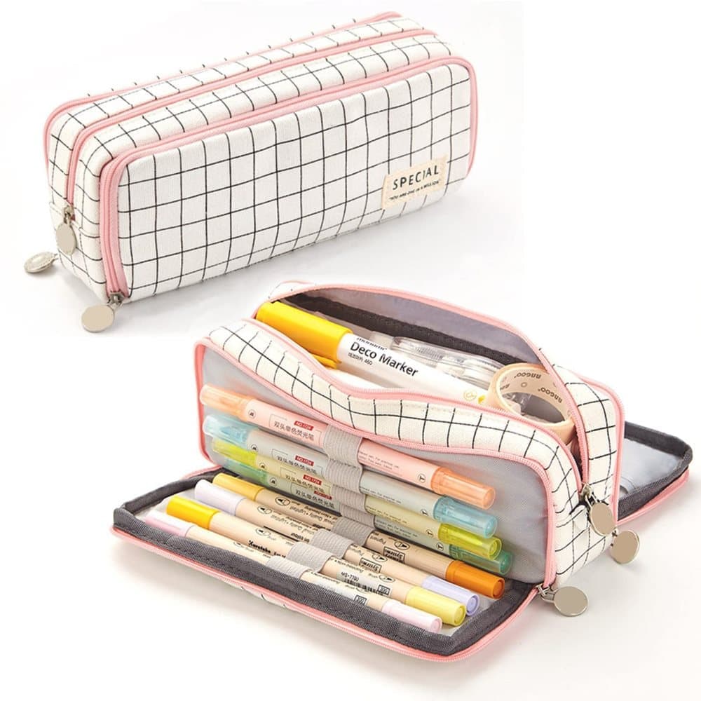 White Spacious Pencil Case with 3 Compartments, School Pencil Bag, Multifunctional Holder