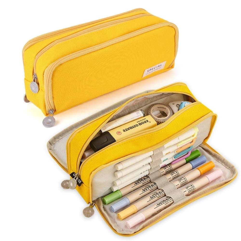 Kids School Pencil Case 3 Compartment Multifunctional Pouch, Yellow
