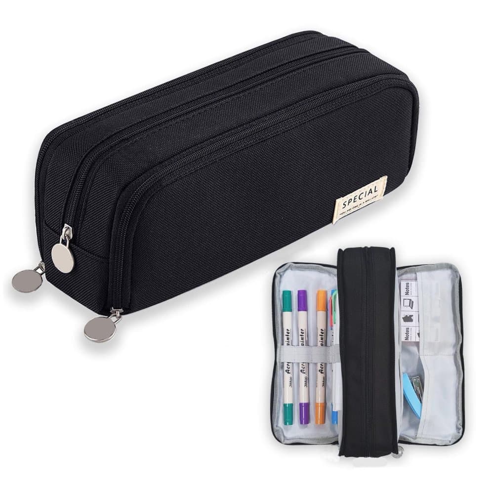 3 Compartment Pencil Case for School, Multifunctional Stationery Organizer, Black, with Spacious Storage