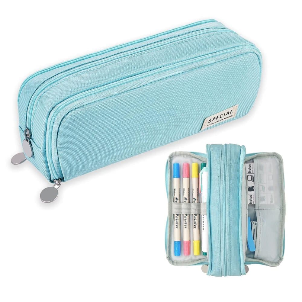 Blue Spacious Pencil Case with 3 Compartments, School Pencil Bag, Multifunctional Holder