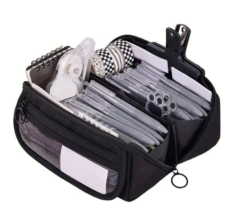 Waterproof Pencil Case with Zipper, Large Black Travel Pencil Box for Students & Office