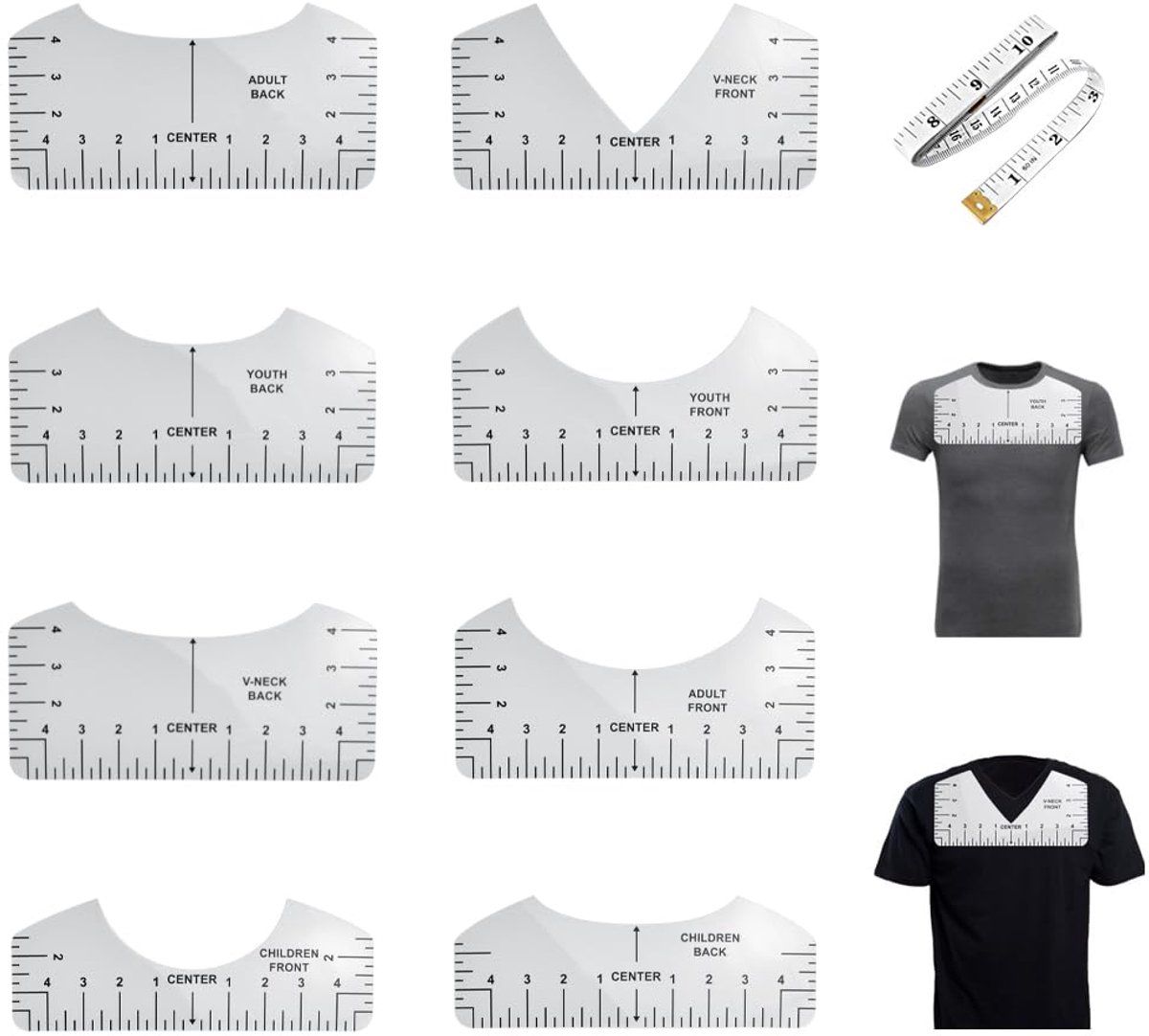 8 pieces - T-shirt ruler guide - with 1 soft measuring tape - T-shirt alignment tool - T-shirt alignment rulers - T-shirt rulers - for round neck and V-neck - sewing tools - white