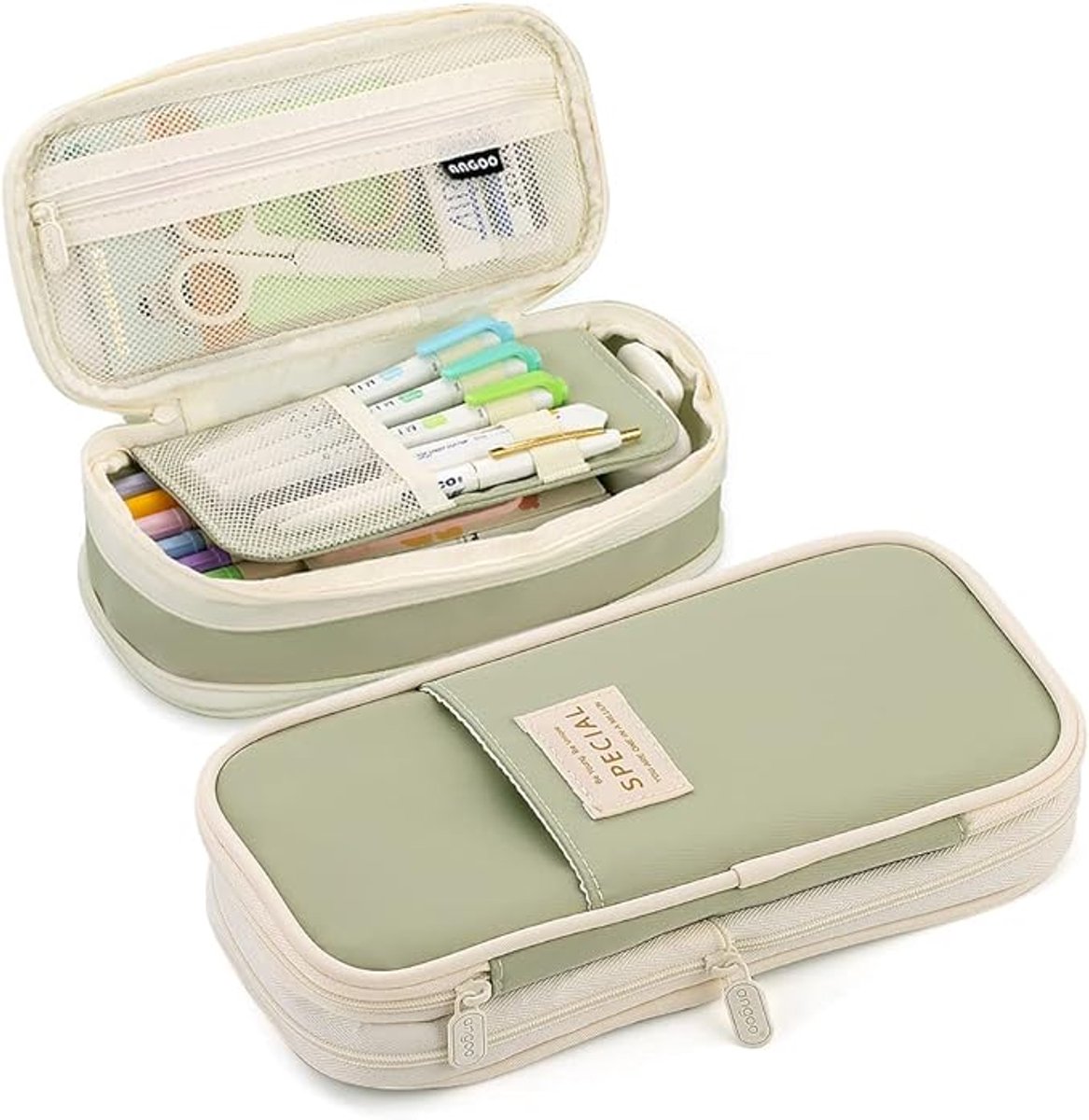 Pencil Case - Expandable Portable Pencil Case - Pencil Case - Large Capacity - With Compartments - Aesthetic Canvas - Can be used for office, school, pencils, stationery, cosmetics - for students - boys/girls - washable - Green