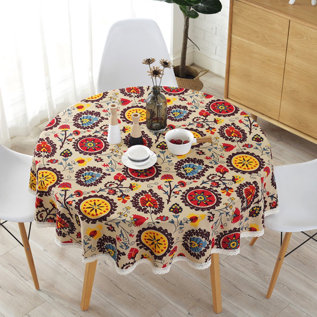 Tablecloth - 150 CM round - Tablecloth - Decorative table covers - Oilcloth - Tablecloths - Bohemian style - Color - Flowers - Cotton Linen - Suitable for home use