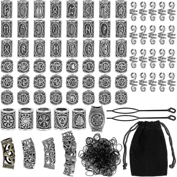 Kryc 80 Rune Beads Set with 300 Rubber Bands for DIY Viking Beard and Hair Beads Antique Nordic Jewelry Braided Bracelet Pendant
