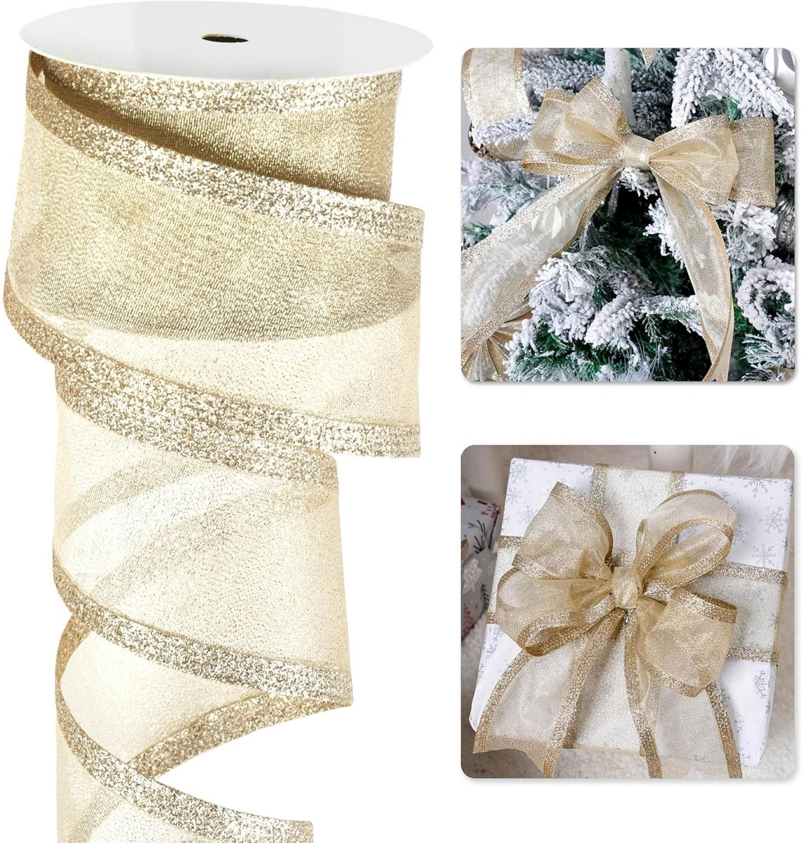 Champagne Christmas Ribbon - 2.5" Champagne Gold Metallic Ribbon with Glitter Stripes - Christmas Tree Ribbon, Garland Supplies - Ornaments - Wreaths - Party Decorations - 10 Yards