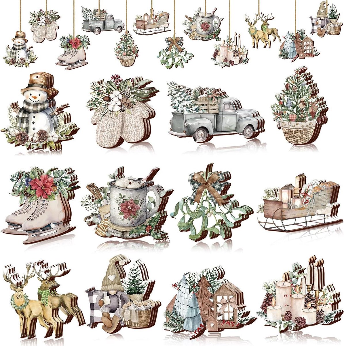 Christmas tree decorations (12 pieces) - Indoor Christmas decorations - Wooden Christmas tree decorations - Snowman - Sleigh - Reindeer set - Christmas decorations - Christmas decorations - Style A