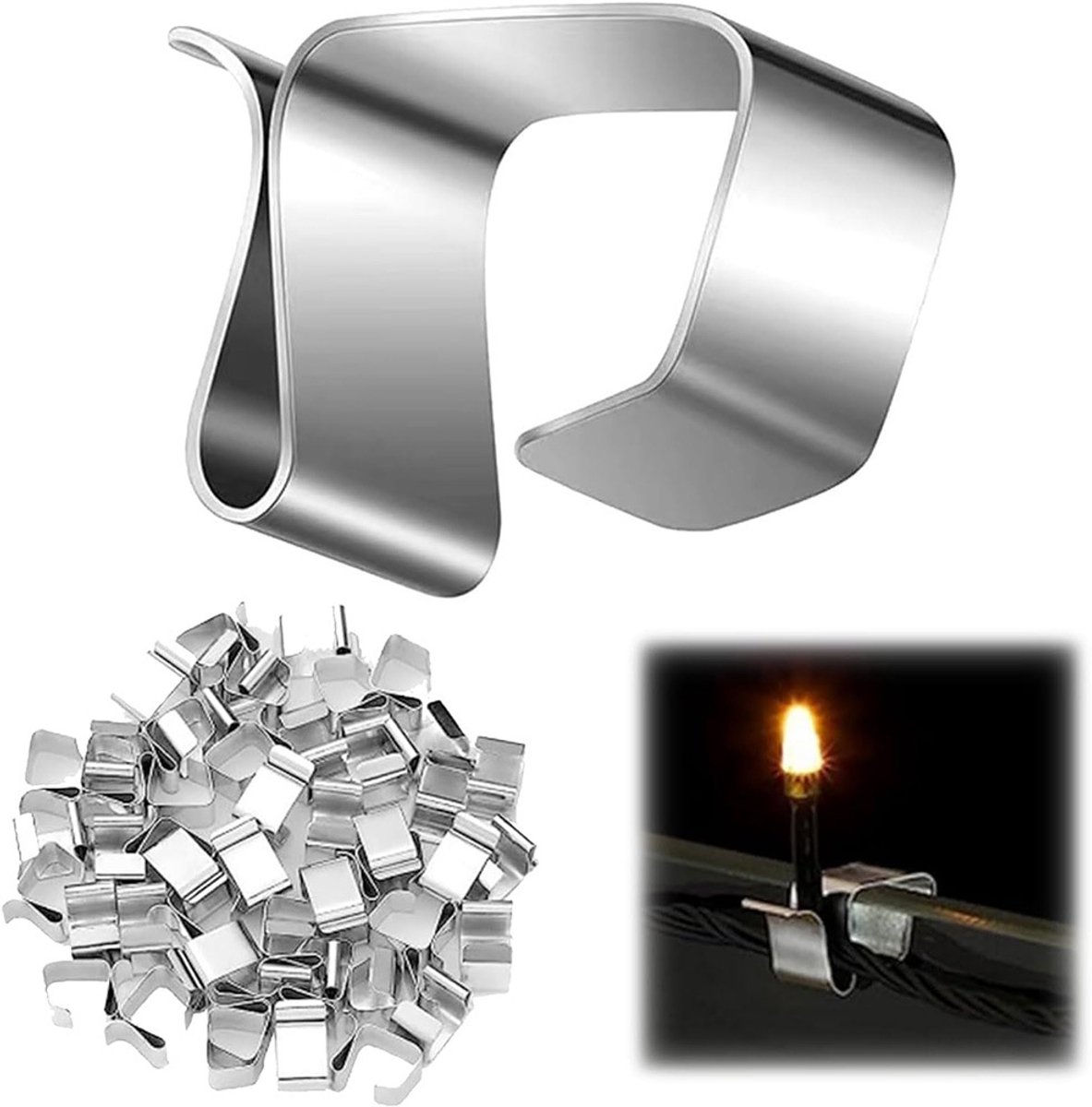 Pack of 100 pieces - Christmas light hooks - Hooks for outdoor lighting - Christmas light clips - Hanging hooks for Christmas lights, kitchen lights, etc. - Stainless steel metal cable clips with clamps - Cable clips
