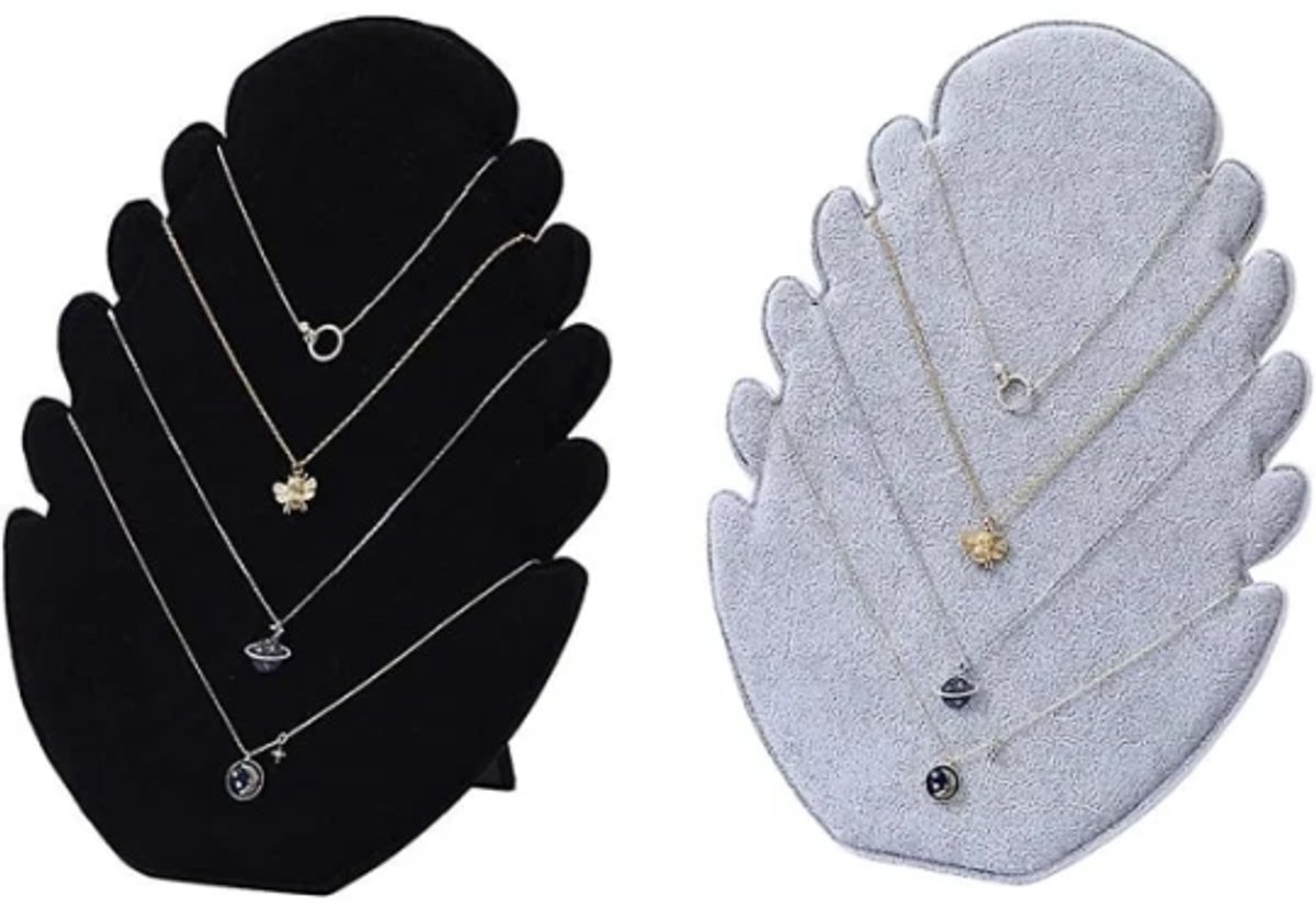 Set of two - Necklace display rack with 5 compartments - Velvet fabric - for hanging necklaces and storing jewelry