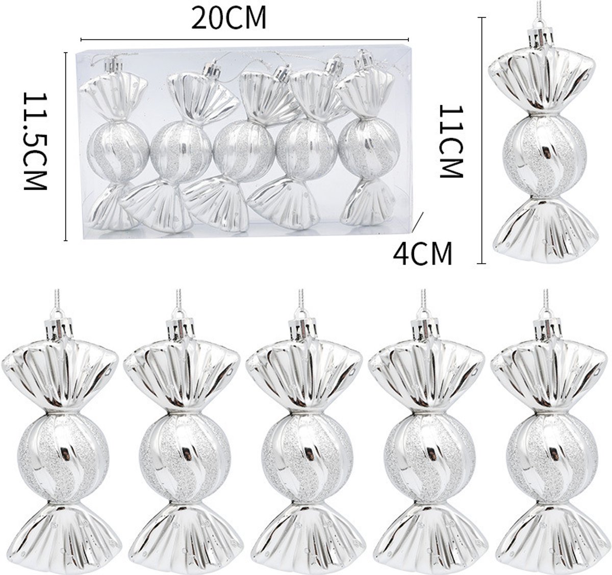Christmas Decorations - Christmas Decorations - Painted Candy Christmas Tree Decorations - Silver (5 per box)