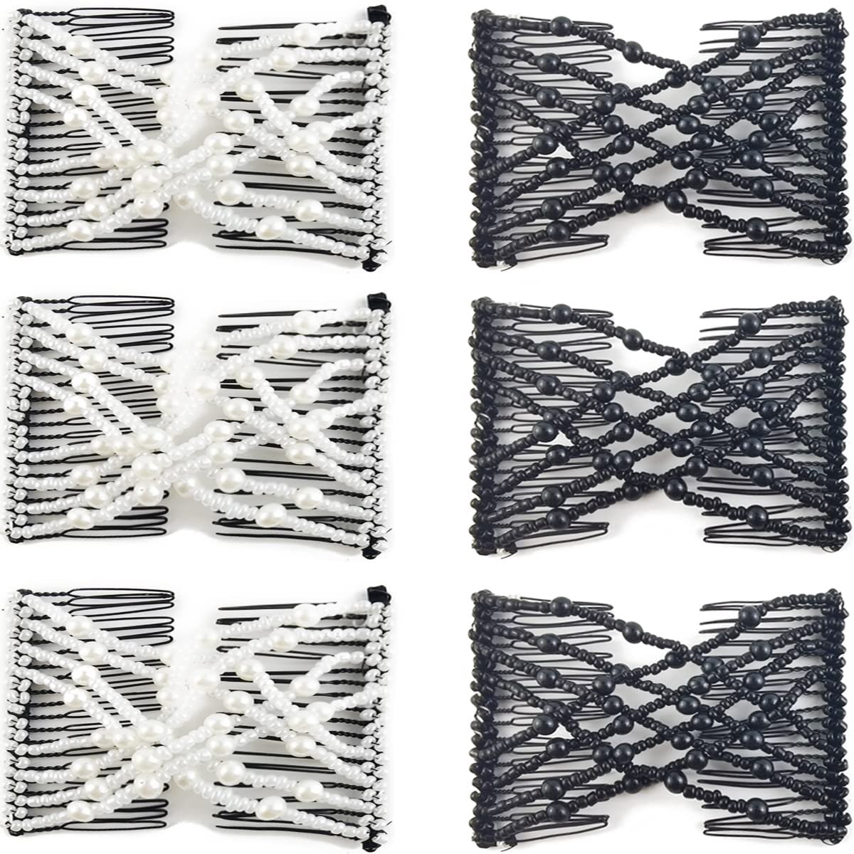 6-Pack Pearl Hair Combs - Elastic Magic Hairpins - Hair Clamps - Hair Clip - Black & White - For All Hair Types