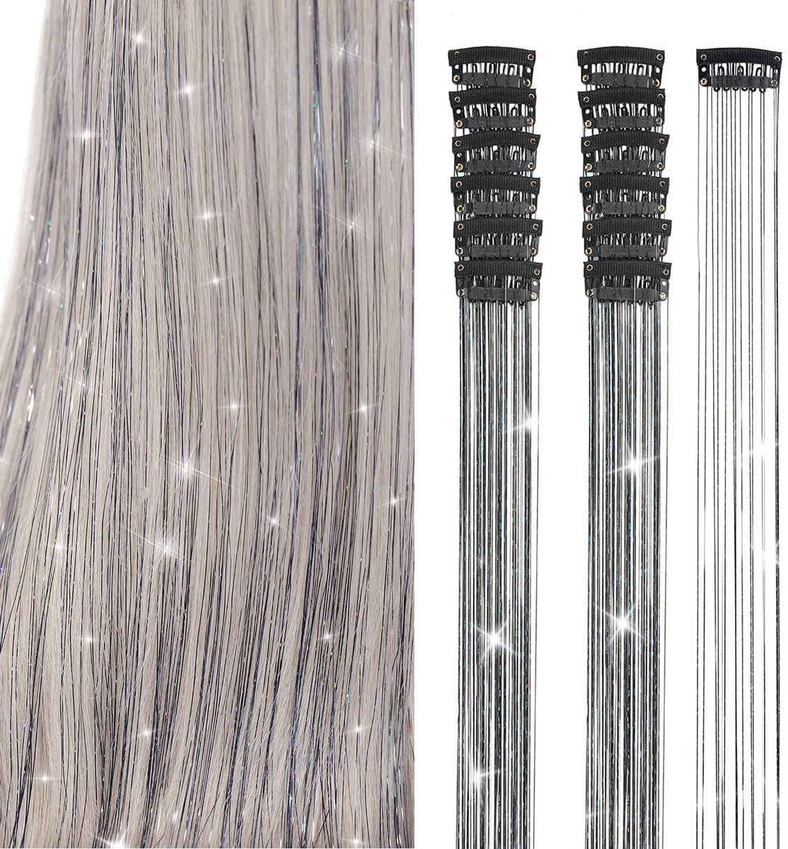 Hair Tinsels - Festival Hair Extensions - Glitter Hair Extensions - 12-Piece Clip-On Hair Accessory Set - 52cm Long Glitter Hair Extensions, for Christmas and New Year, Glitter Hair Extensions, Suitable for Women, Girls and Children (Black)
