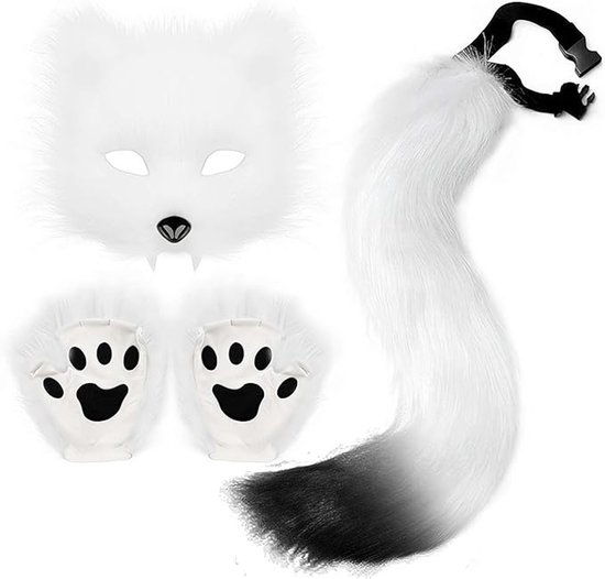 3-Piece Fox Costume Accessory Set – Fluffy Mask, Tail, and Gloves – Suitable for Parties & Carnival (White)