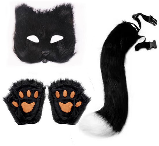 3-Piece Fox Costume Accessory Set – Fluffy Mask, Tail and Gloves – Suitable for Parties & Carnival （Black）