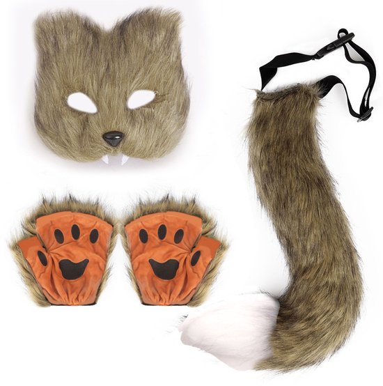 3-Piece Fox Costume Accessory Set – Fluffy Mask, Tail and Gloves – Suitable for Parties & Carnival （Brown）