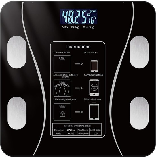 Smart Scale with Body Analysis - Measures BMI, Fat & Muscle Mass - USB Rechargeable - Up to 180 kg - Black
