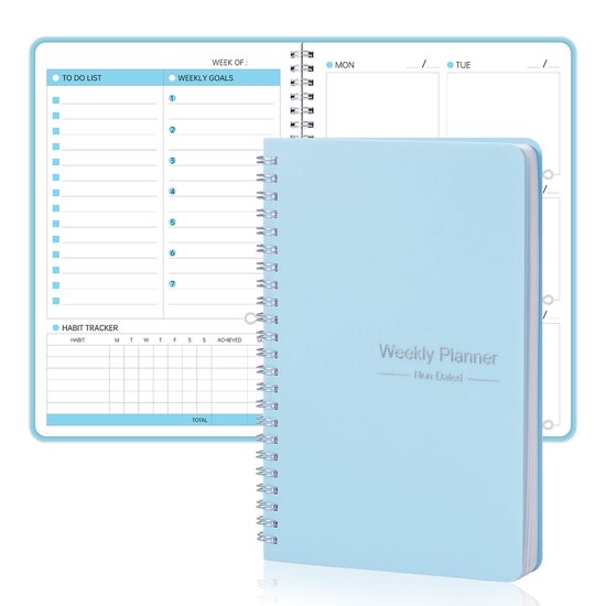 Weekly planner - Notebook for weekly to-do list - With goals and habit tracker - A5 format - Spiral binding - Unisex (Blue, Type B)