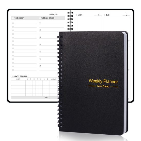 Weekly planner - Notebook for weekly to-do list - With goals and habit tracker - A5 format - Spiral binding - Unisex (Black, Type B)