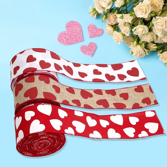 Valentine's Day Ribbons - 3 Rolls - Handmade Ribbons - Heart Pattern - Natural Texture - Suitable for Wrapping Flowers and Party Decorations （5m）