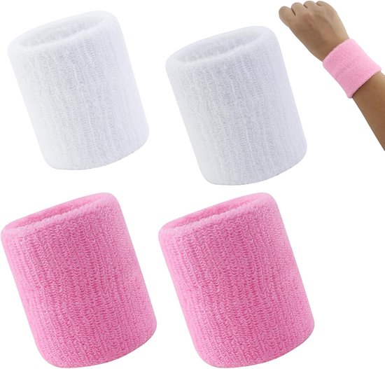 4-Pack Sweat-Wicking Wristbands - Super Stretch Cotton Sports Wristbands - Sweat-Wicking Wristbands - For Tennis, Sports, Basketball, Gymnastics - (Pink and White)