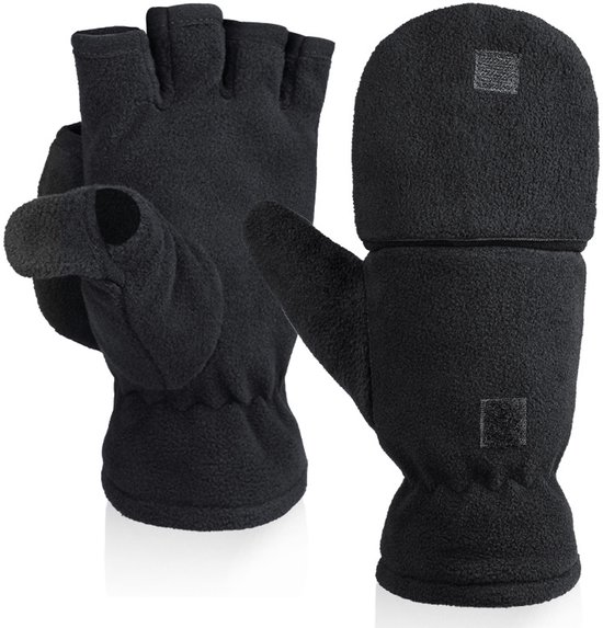 Unisex warm fleece gloves with fold-over top - Half-finger gloves - Warm gloves - Half-finger design - Suitable for writing, cycling, photo sessions with your partner - Winter gloves - Winter gift - Warm - Black - Size S