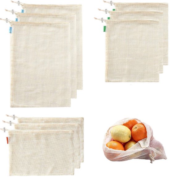 Mesh Bags - Pack of 9 - Reusable Mesh Bags for Fruits and Vegetables - Cotton Mesh Bags for Groceries - Portable Vegetable Bags in 3 Sizes - Storage Bags for Fruits and Vegetables