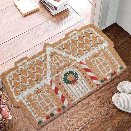 Doormat - Christmas doormat - Non-slip mat - Decorative non-slip mat in the shape of a gingerbread house - Decoration - Festive entrance decoration - doormat - Suitable for festive outdoor and indoor porches, entrances, kitchens, and living rooms (S: 40cm