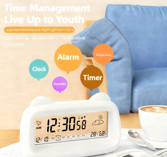 Alarm Clock - Digital Alarm Clock - Digital Clock - Smart Alarm Clock - Electronic Calendar - Cat-shaped Alarm Clock with Light - Real-time Temperature and Humidity Monitoring - Weather Display - Large Night Light Screen - USB Charging（Purple）
