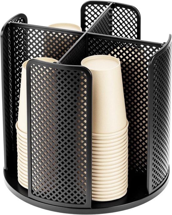 Rotating paper cup dispenser - cup holder with 4 compartments - with 360° turntable - suitable for kitchens, bathrooms and coffee bars - black