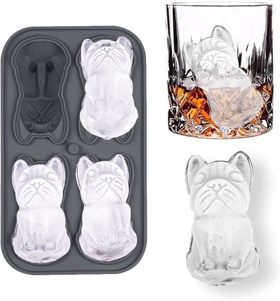 3D French Bulldog Ice Cube Mold - With Integrated Funnel - Cute Dog Shape - Silicone & Easy De-molding