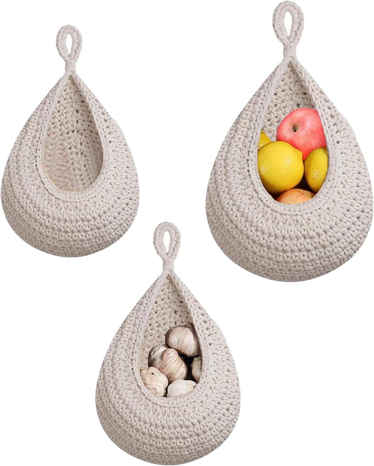Hanging Storage Baskets - Set of 3 - For Kitchen and Bathroom - With Jute Design