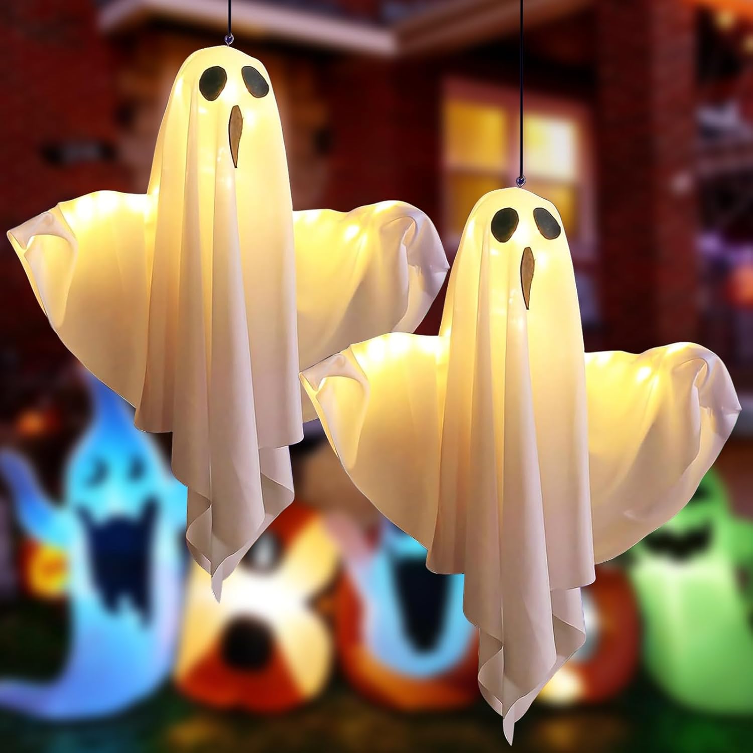 Halloween Decoration - 2 Pieces Hanging Ghosts - With LED Lighting - For Outdoors and Gardens - Spooky Party Atmosphere