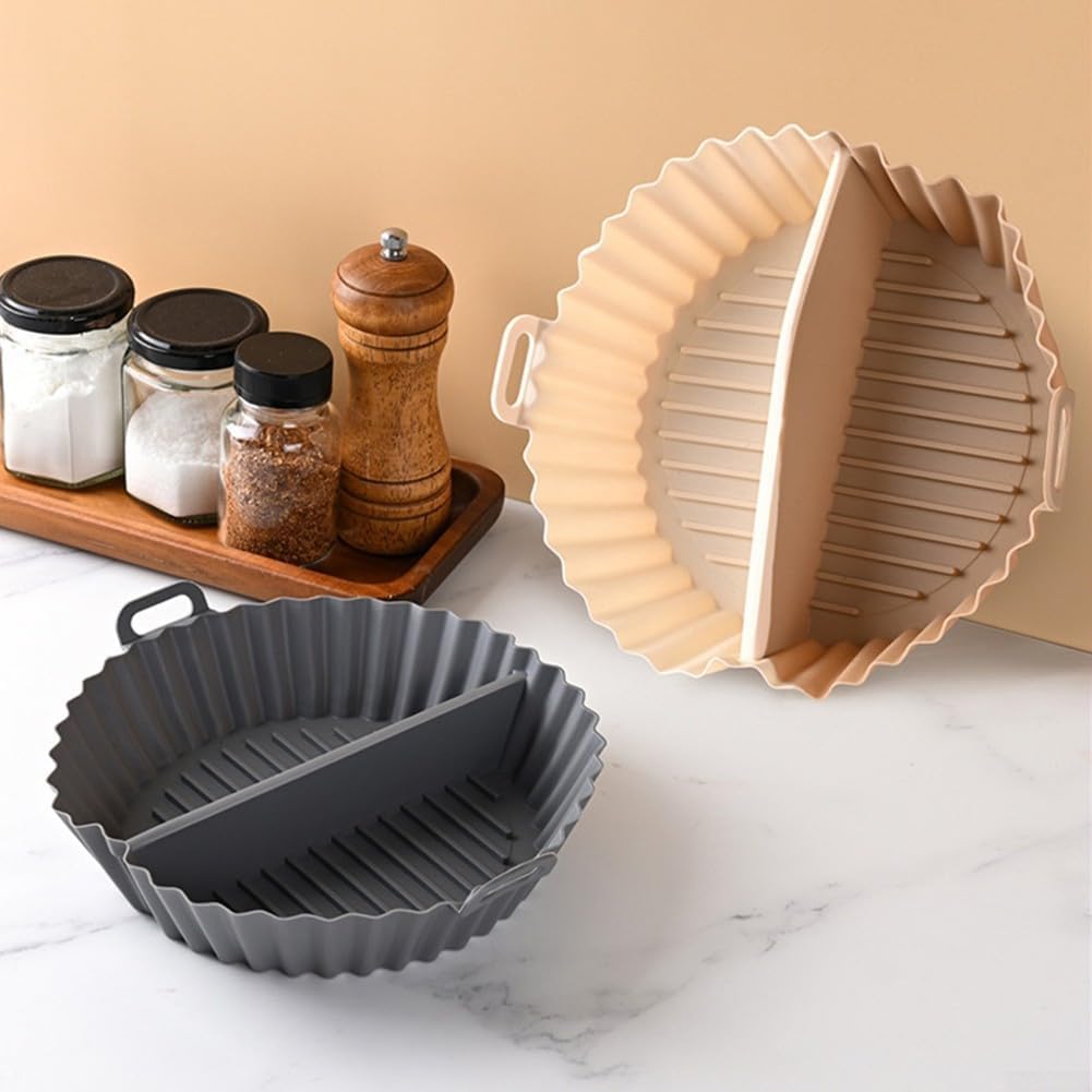 Airfryer baking tray – Airfryer accessories – Round Silicone Baking Tray with Division – Non-Stick Heat Resistant Baking Pan for Oven & Airfryer – Suitable for Cakes, Cookies & Muffins – 20×20×4.5 cm – Off White and Gray – 2 pieces