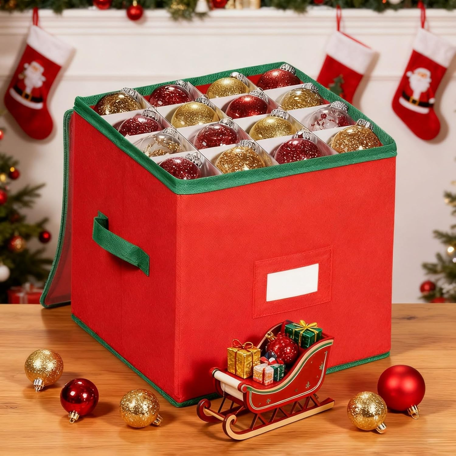 Christmas Bauble Storage Box - Christmas Bauble Box with 64 Compartments - Christmas Decoration Organizer with Adjustable Dividers - 30x30x30cm - 600D Oxford Cover with Zipper - Storage Box for Baubles and Decorations - Red