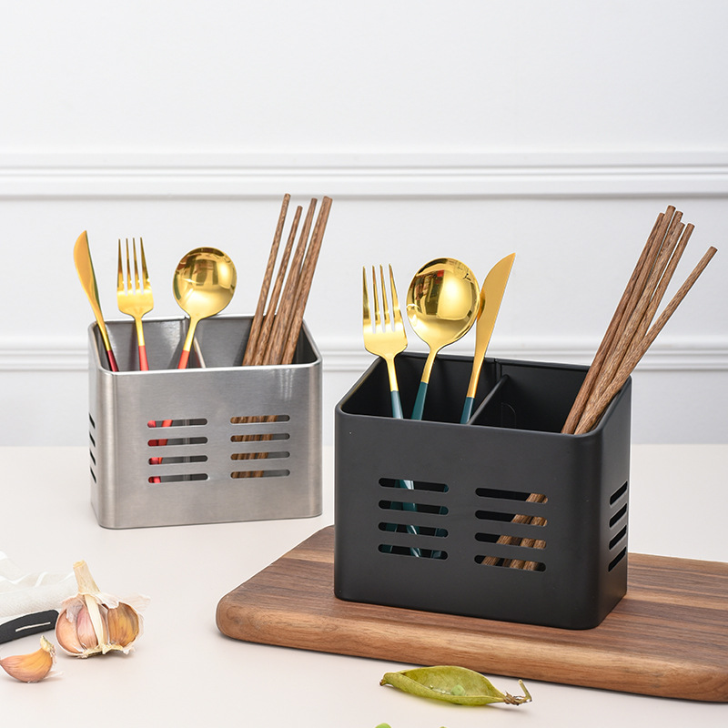 Set of 2 Cutlery Holders - Black & Silver - 430 Stainless Steel Cutlery Basket - Countertop Drainer - Modern & Rustproof