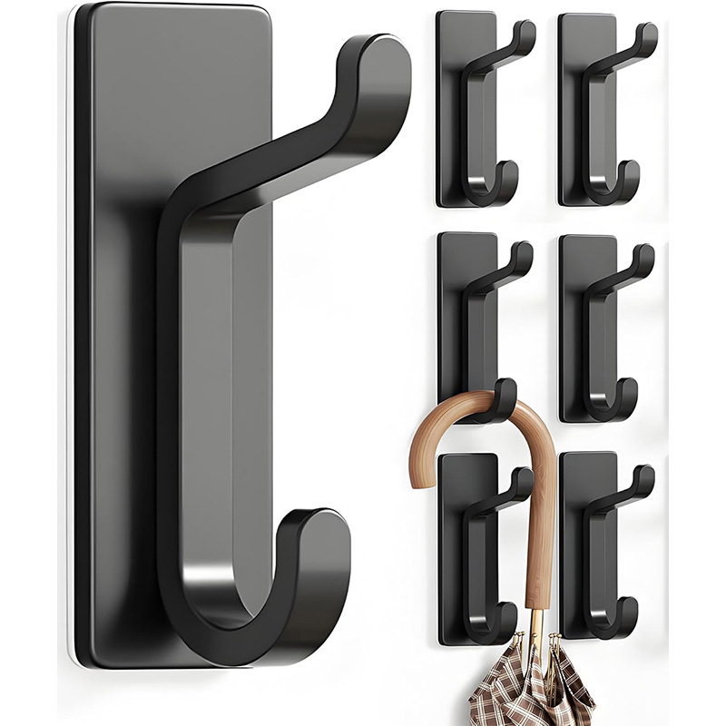 Black Towel Hooks - Set of 6 - Self-Adhesive Wall Hooks - No Drilling Required - For Bathroom & Kitchen