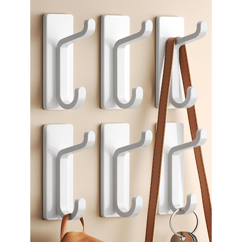 White Towel Hooks - Set of 6 - Self-Adhesive Wall Hooks - No Drilling Required - For Bathroom & Kitchen