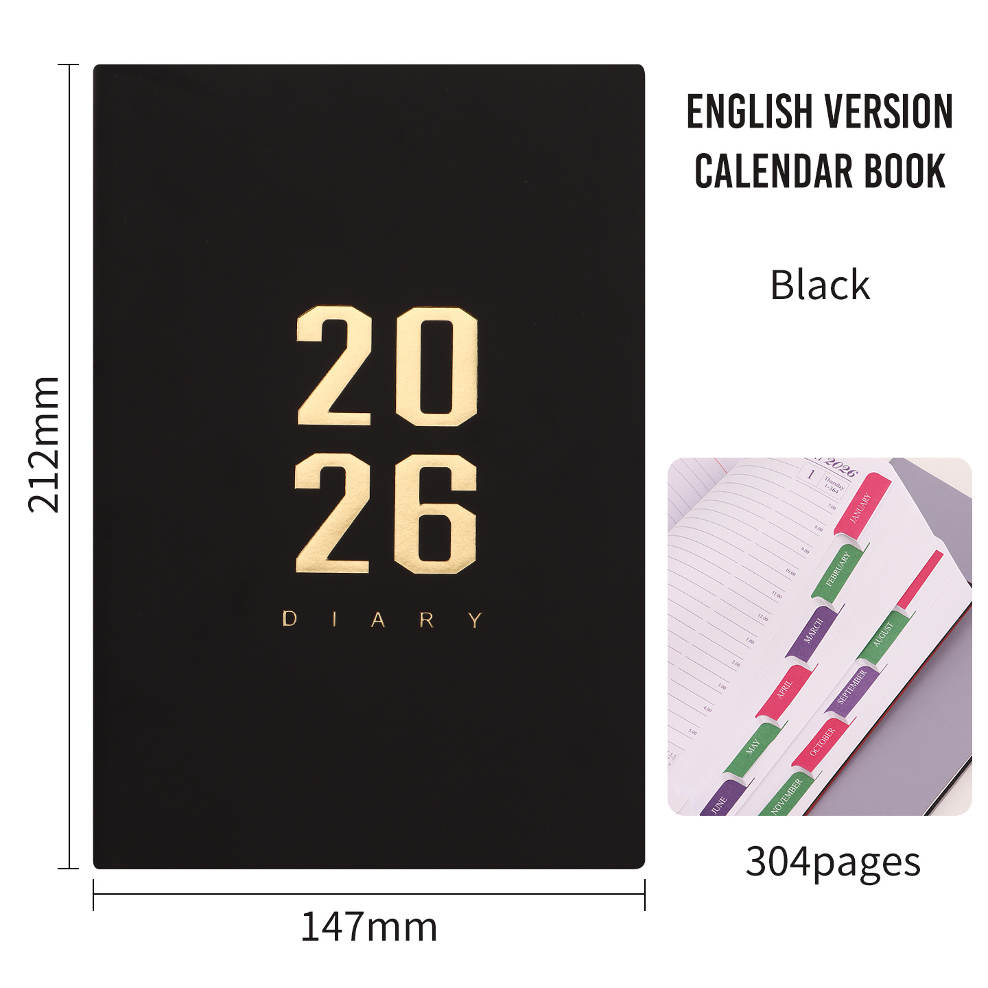 Agenda 2026 - Daily Agenda - A5 Format - 1 Day per Page - 304 Pages - [Black] - Hardcover