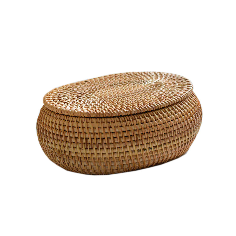 Tea Box - Rattan Storage Box - Hand-woven Storage Box with Lid - Multifunctional Desk Storage Basket - Suitable for home, farmhouse, kitchen, bathroom, picnic, storing food, bread, fruits and other tableware.