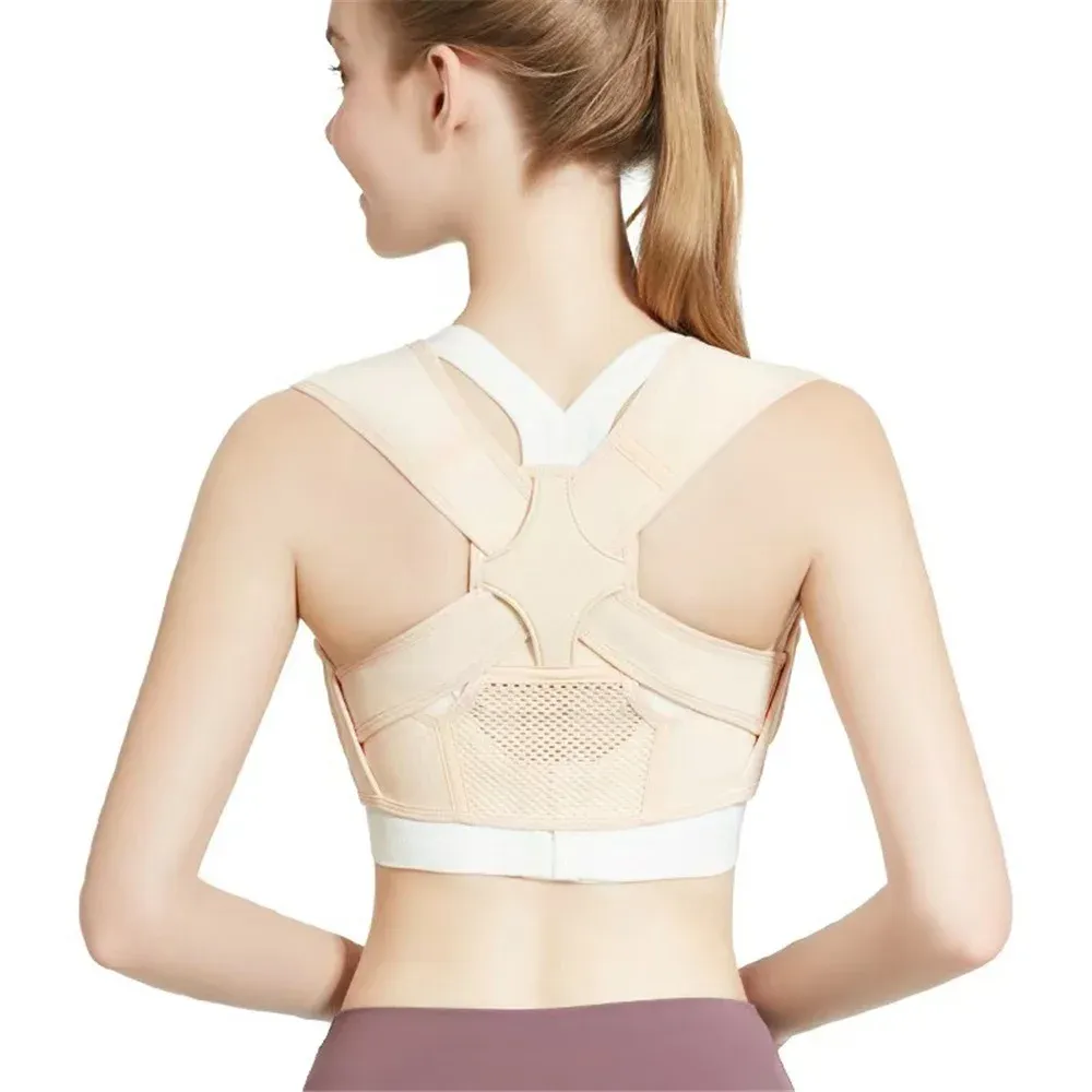 Adjustable Back Posture Corrector, Shoulder Support Brace for Men and Women with Breathable Lumbar Support, Skin Color, Size M