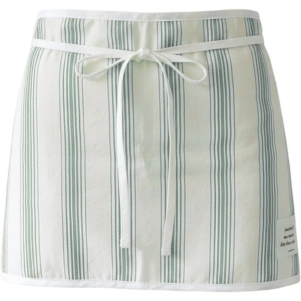 Striped Cotton Waist Apron for Waitress and Server, Pocketed Kitchen Work Apron for Coffee Shop, Restaurant and Catering Use