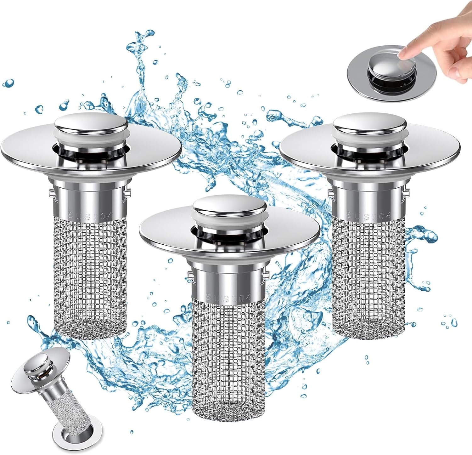 Bathroom Sink Drain Stopper - Pop Up Drain Plug with 3 Replacement Filters Basket, Removable Stainless Steel Floor Drain Filter, Anti Clogging Sink Strainer Hair Catcher for Washroom (Silver)