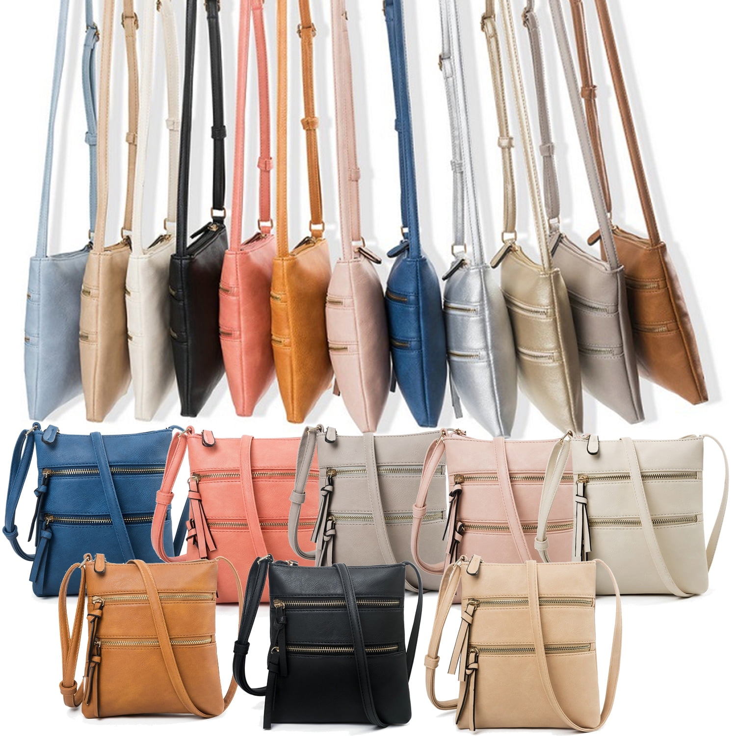 Small Crossbody Purses for Women Multi Pocket Travel Bag Over The Shoulder with Extra Long Strap - Beige Navy Blue