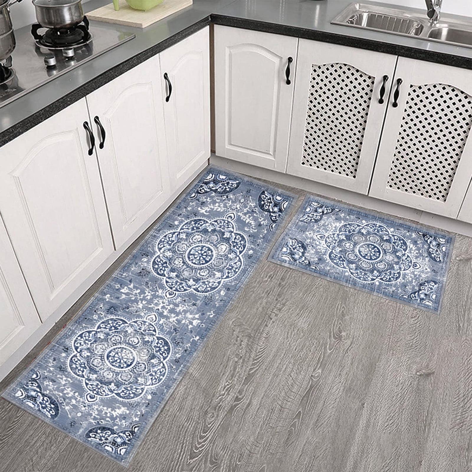 Tyidzon Kitchen Mats for Floor Set of 2 Pcs, Cushioned Non Slip Kitchen Rugs for Kitchen Floor, Absorbent Runner Comfort Standing Mats Washable for Kitchen, Office, Home (15"x47"+15"x23") Orange,Blue