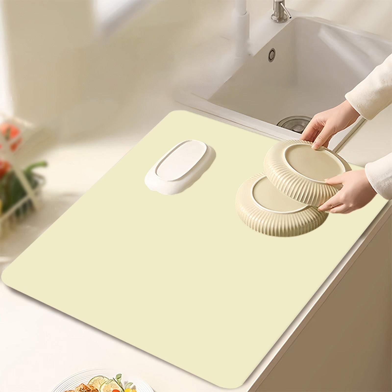 Dish Drying Mat, 12x16" High Absorbent & Soft Dish Drainer, Diatomite Drying Matt Kitchen Counter for Kitchen Countertops, Sinks, Draining Racks, Drying Mat Beige