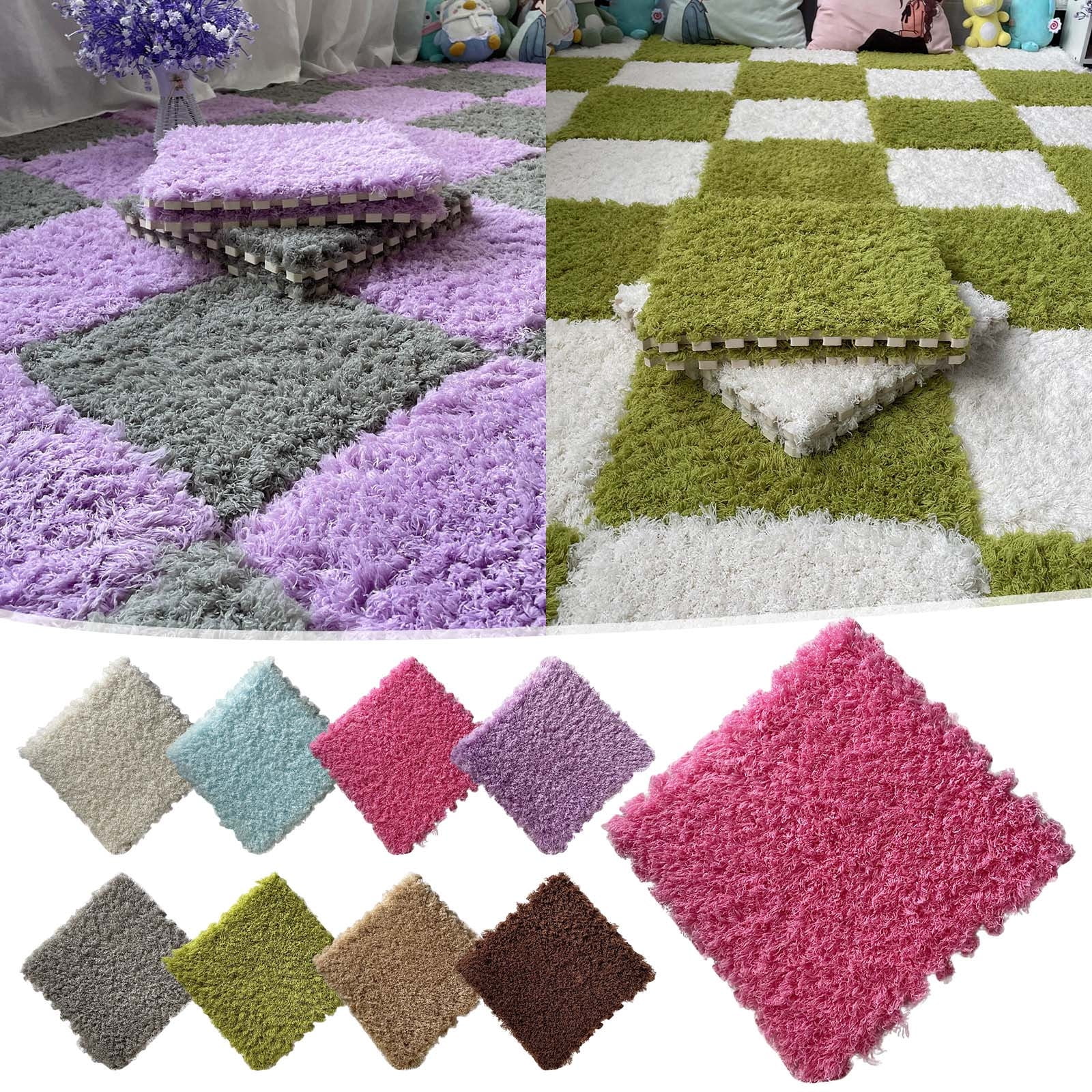 Tyidzon Puzzle Carpet Squares Soft Furry Play Mat Tiles for Home Playroom Decoration Cozy Climbing Area Rug for Kids Family Activity Spaces, Gray Hot Pink